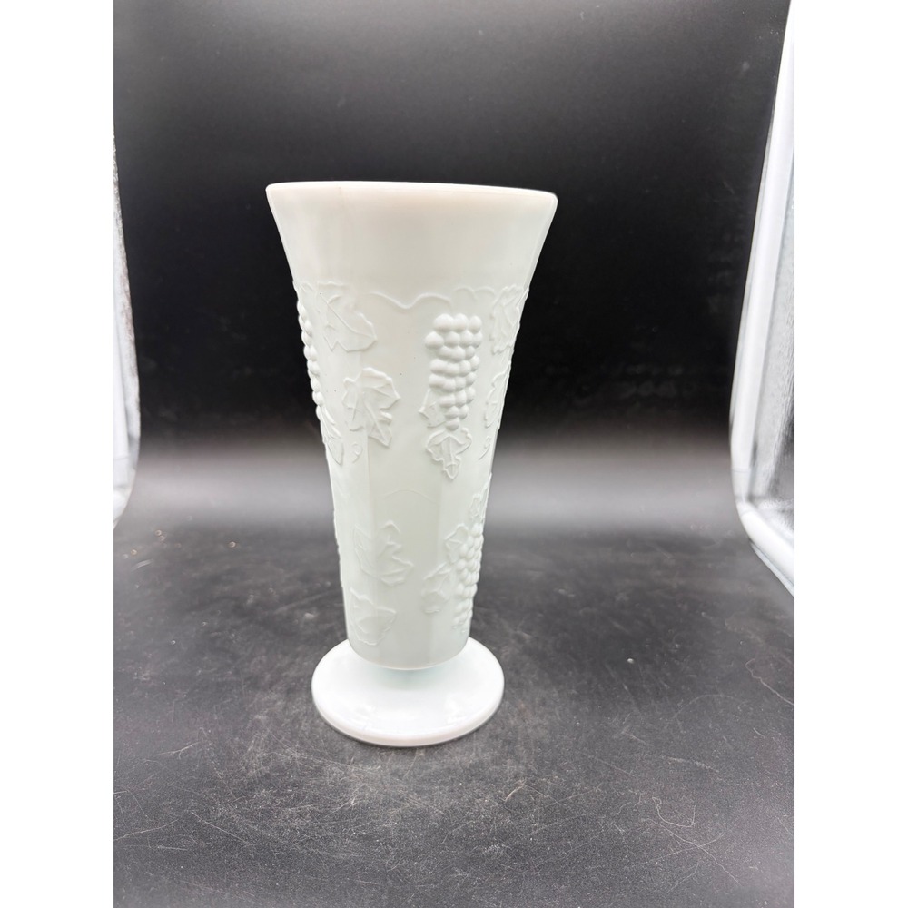 Vintage‎ Milk Glass Vase White Embossed Grape Harvest Pattern Pedestal Base